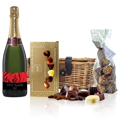 Personalised Champagne - Red Rose Label And Chocolates Hamper